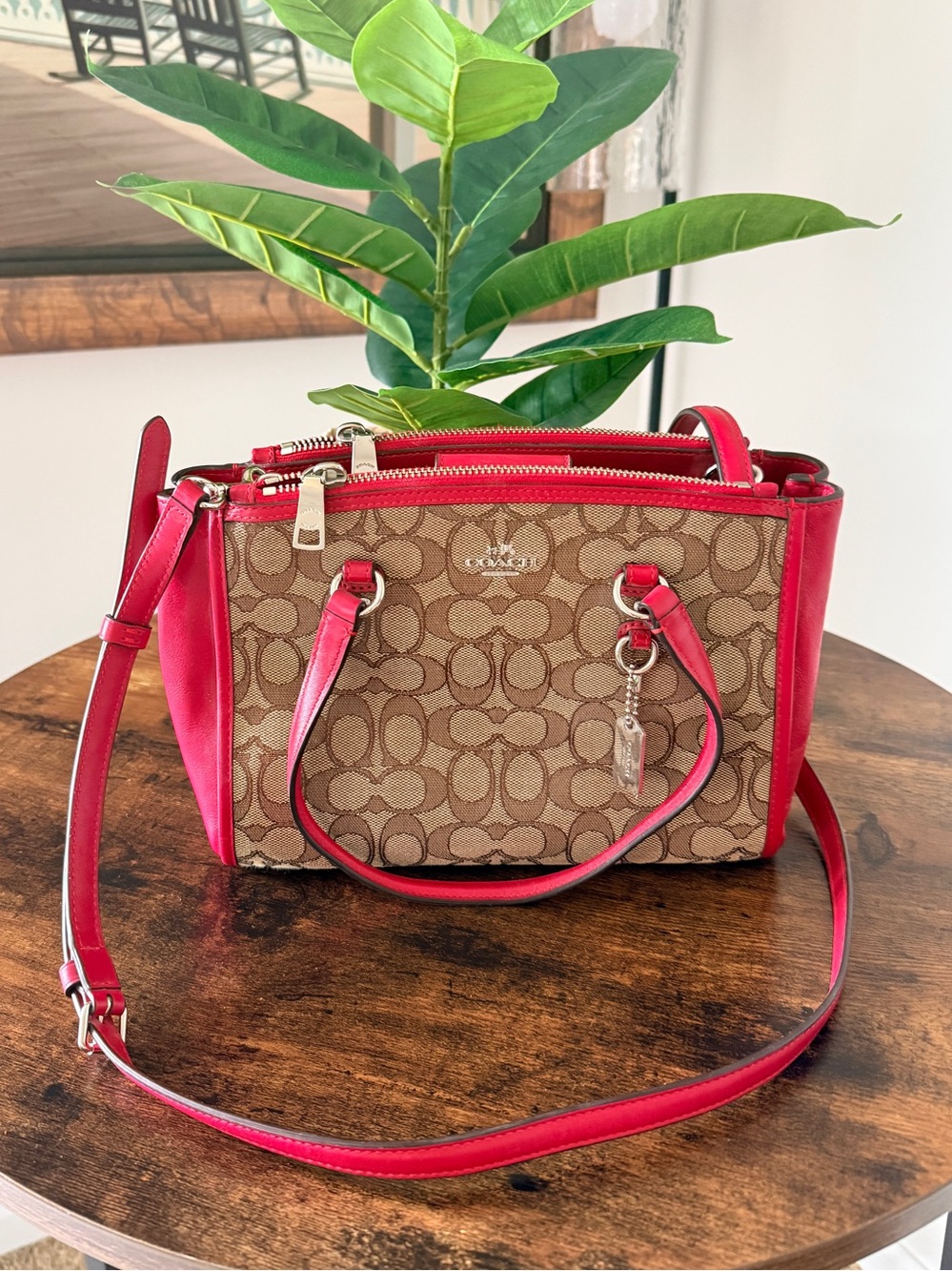 Coach Brown Signature Canvas Crossbody with Red Leather Trim